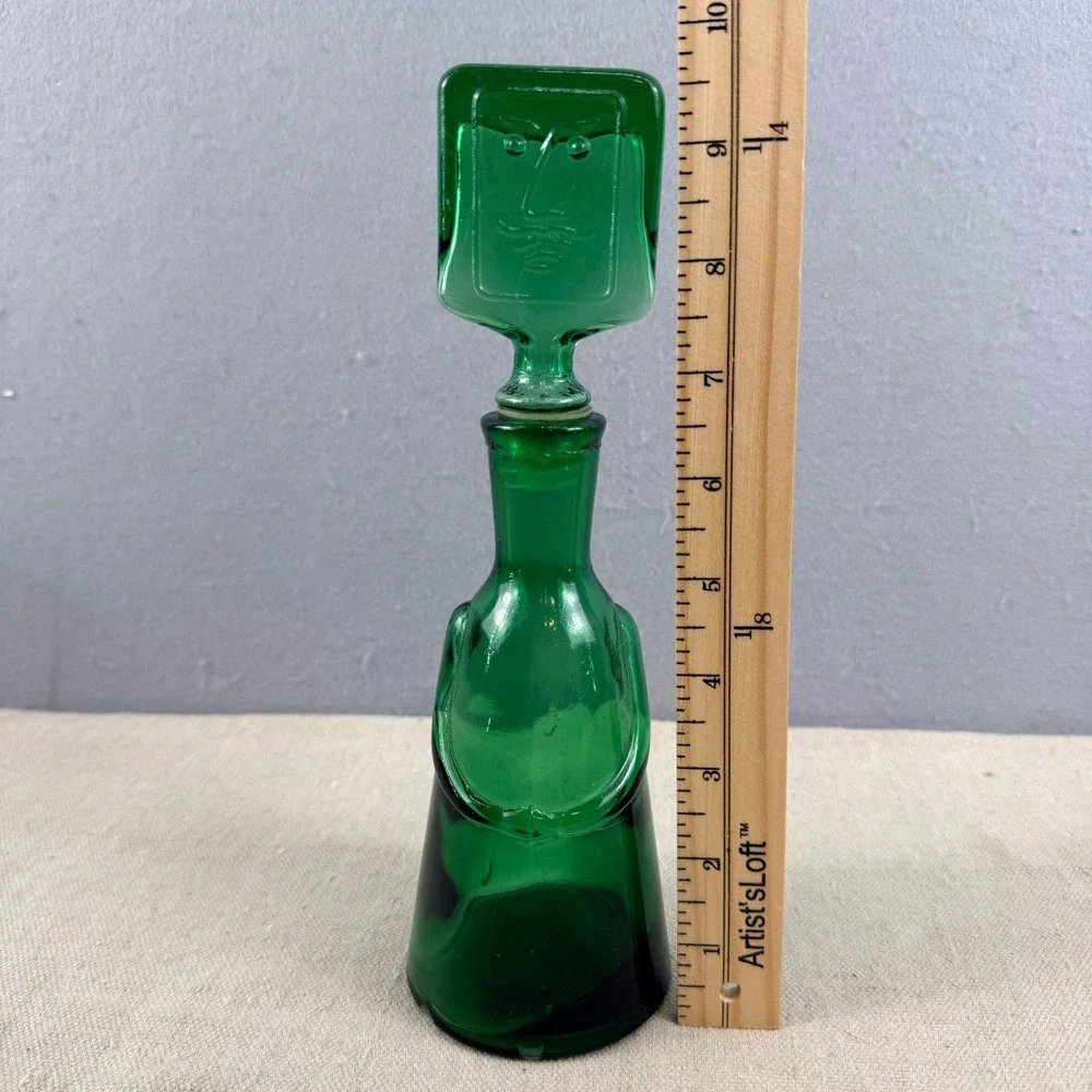 Erik Hoglund Boda Green Glass‎ People Decanter Face Stopper Neiman Marcus 10.5